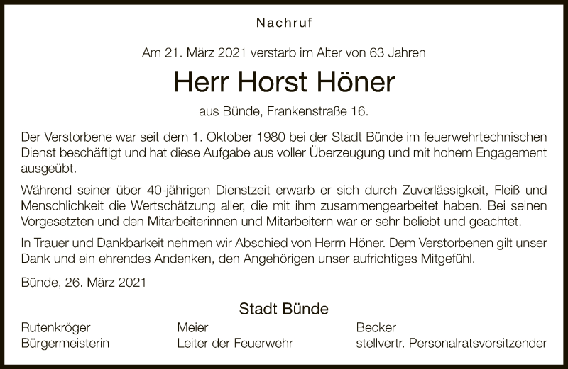  Traueranzeige für Horst Höner vom 27.03.2021 aus Neue Westfälische