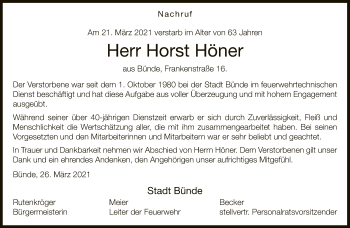 Traueranzeige von Horst Höner von Neue Westfälische