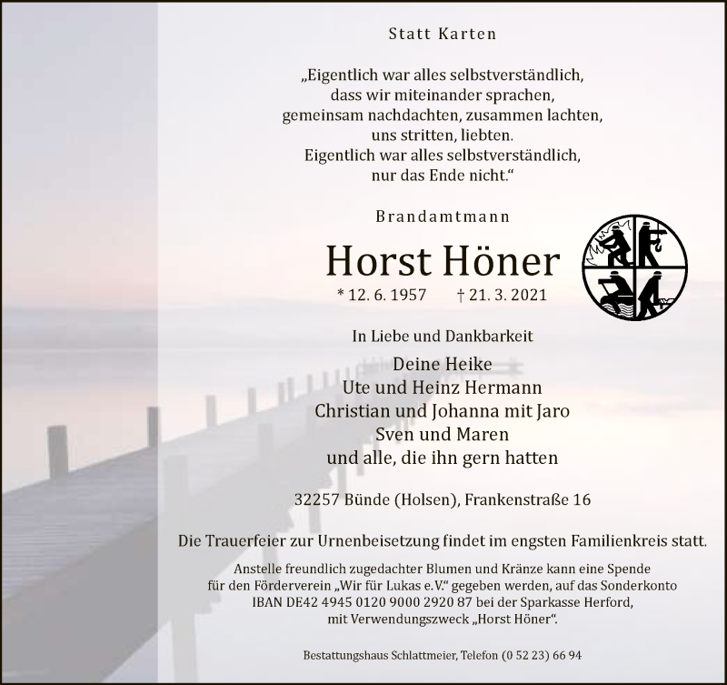 Traueranzeige für Horst Höner vom 27.03.2021 aus Neue Westfälische