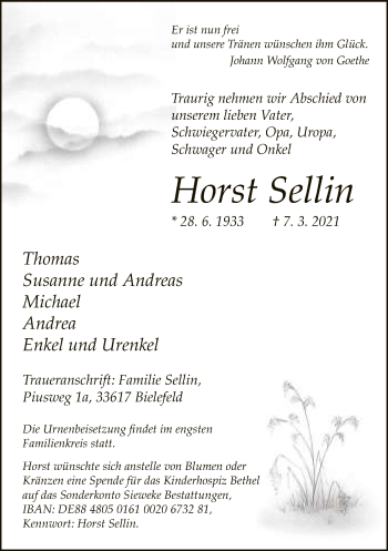Traueranzeige von Horst Sellin von Neue Westfälische