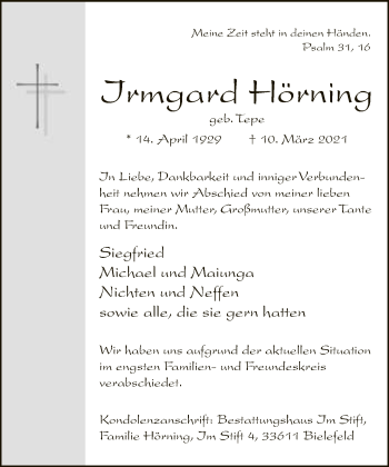Traueranzeige von Irmgard Hörning von Neue Westfälische
