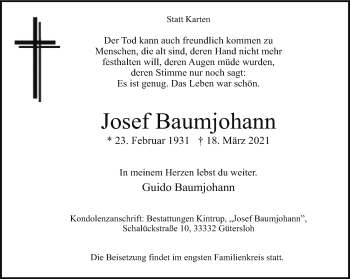 Traueranzeige von Josef Baumjohann von Neue Westfälische