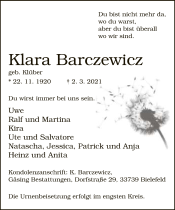 Traueranzeige von Klara Barczewicz von Neue Westfälische