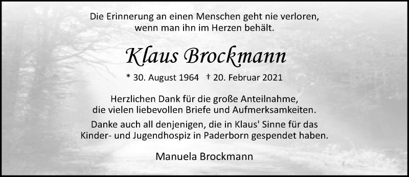  Traueranzeige für Klaus Brockmann vom 27.03.2021 aus Neue Westfälische