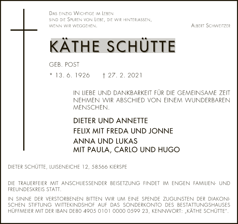  Traueranzeige für Käthe Schütte vom 03.03.2021 aus Neue Westfälische