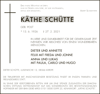 Traueranzeige von Käthe Schütte von Neue Westfälische