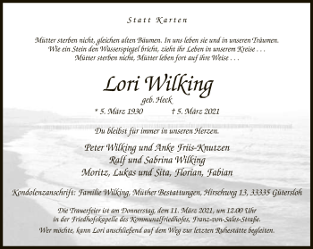 Traueranzeige von Lori Wilking von Neue Westfälische