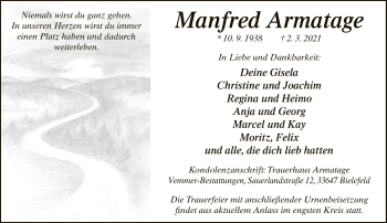 Traueranzeige von Manfred Armatage von Neue Westfälische