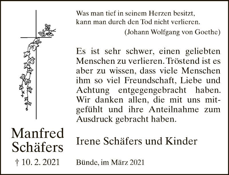  Traueranzeige für Manfred Schäfers vom 27.03.2021 aus Neue Westfälische
