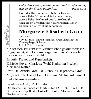 Traueranzeige von Margarete Elisabeth Groh von Neue Westfälische