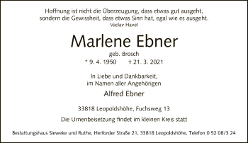 Traueranzeige von Marlene Ebner von Neue Westfälische