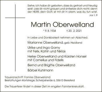 Traueranzeige von Martin Oberwelland von Neue Westfälische
