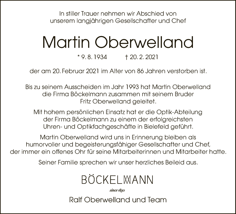  Traueranzeige für Martin Oberwelland vom 06.03.2021 aus Neue Westfälische