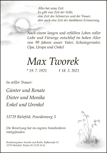 Traueranzeige von Max Tworek von Neue Westfälische