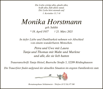 Traueranzeige von Monika Horstmann von Neue Westfälische