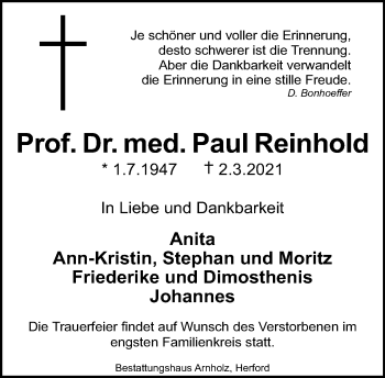 Traueranzeige von Paul Reinhold von Neue Westfälische