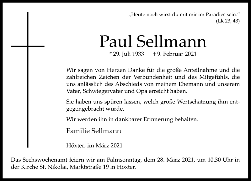  Traueranzeige für Paul Sellmann vom 27.03.2021 aus Neue Westfälische