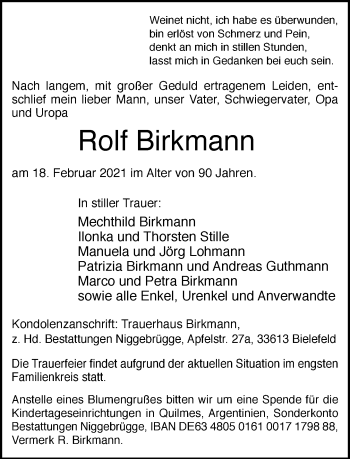 Traueranzeige von Rolf Birkmann von Neue Westfälische