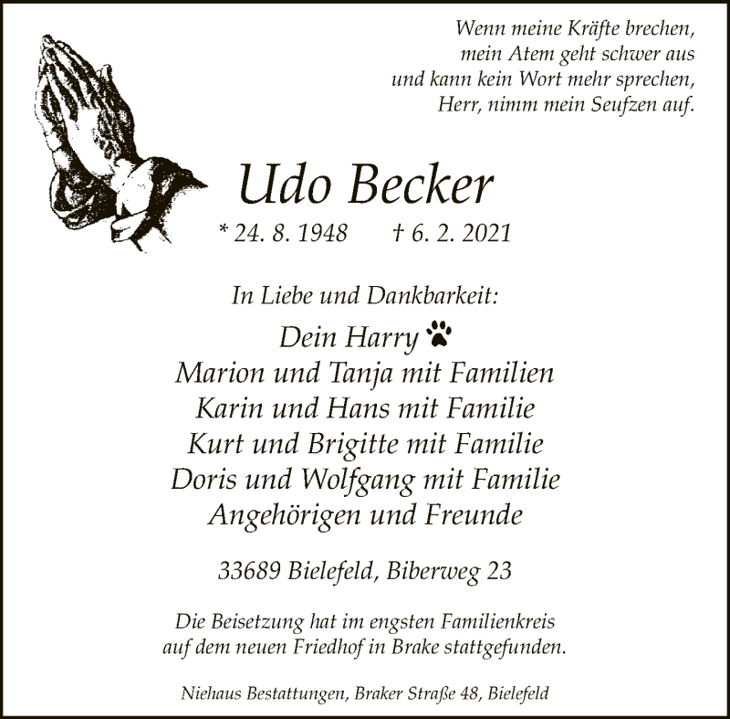  Traueranzeige für Udo Becker vom 06.03.2021 aus Neue Westfälische