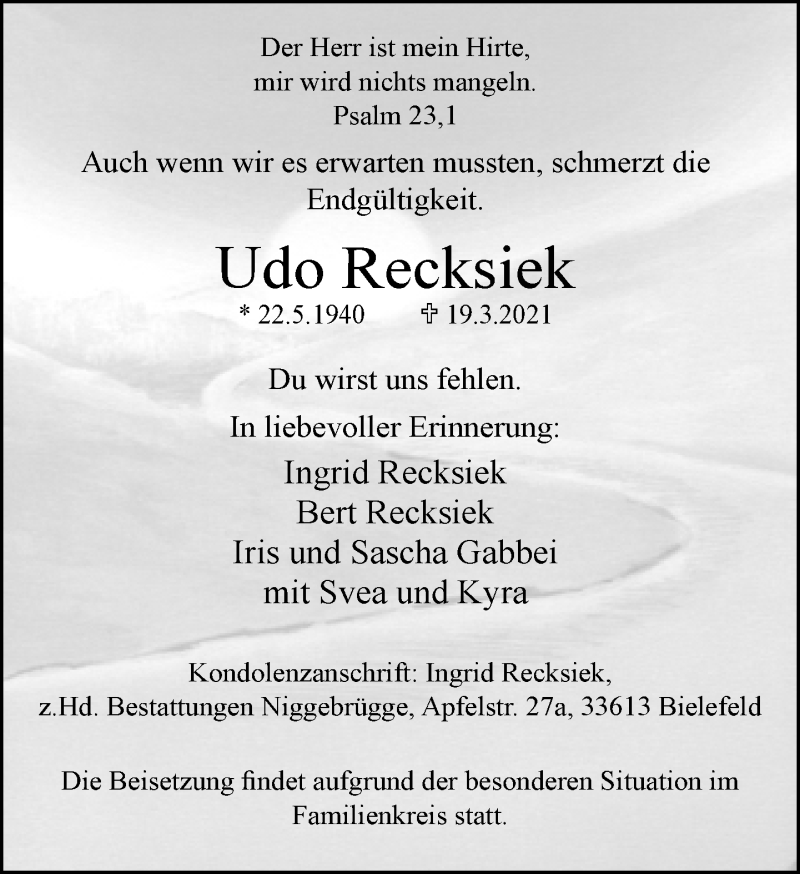  Traueranzeige für Udo Recksiek vom 26.03.2021 aus Neue Westfälische