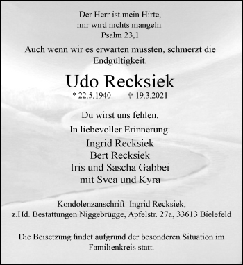 Traueranzeige von Udo Recksiek von Neue Westfälische
