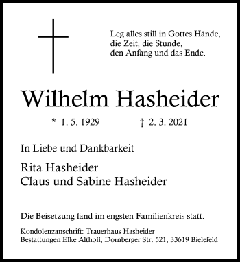 Traueranzeige von Wilhelm Hasheider von Neue Westfälische
