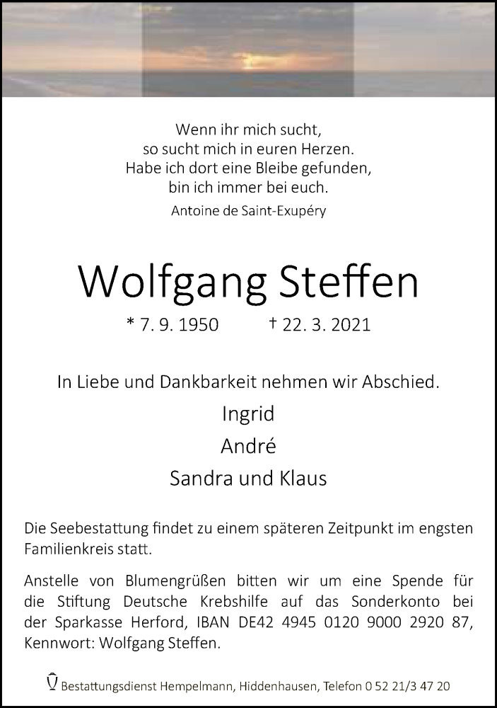  Traueranzeige für Wolfgang Steffen vom 27.03.2021 aus Neue Westfälische
