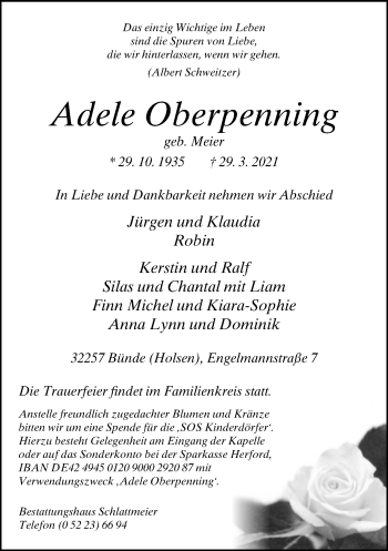 Traueranzeige von Adele Oberpenning von Neue Westfälische