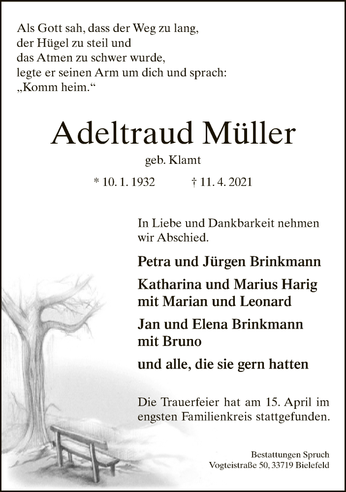  Traueranzeige für Adeltraud Müller vom 17.04.2021 aus Neue Westfälische