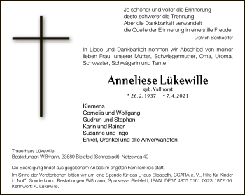 Traueranzeige von Anneliese Lükewille von Neue Westfälische