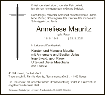 Traueranzeige von Anneliese Mauritz von Neue Westfälische