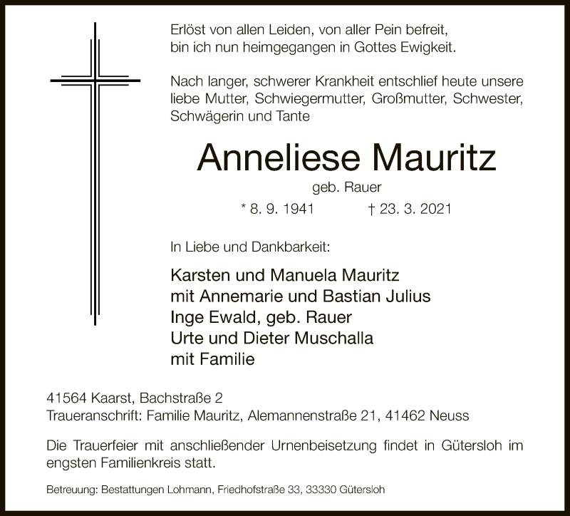  Traueranzeige für Anneliese Mauritz vom 02.04.2021 aus Neue Westfälische
