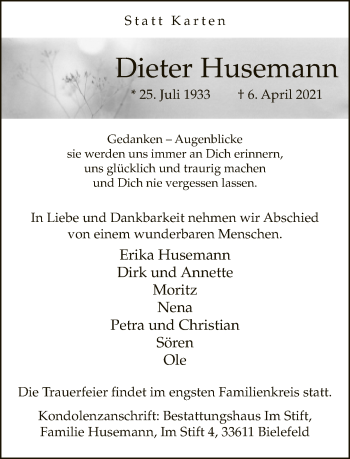 Traueranzeige von Dieter Husemann von Neue Westfälische