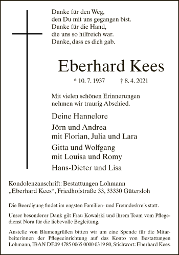 Traueranzeige von Eberhard Kees von Neue Westfälische