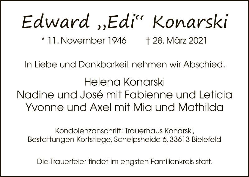  Traueranzeige für Edward Konarski vom 10.04.2021 aus Neue Westfälische