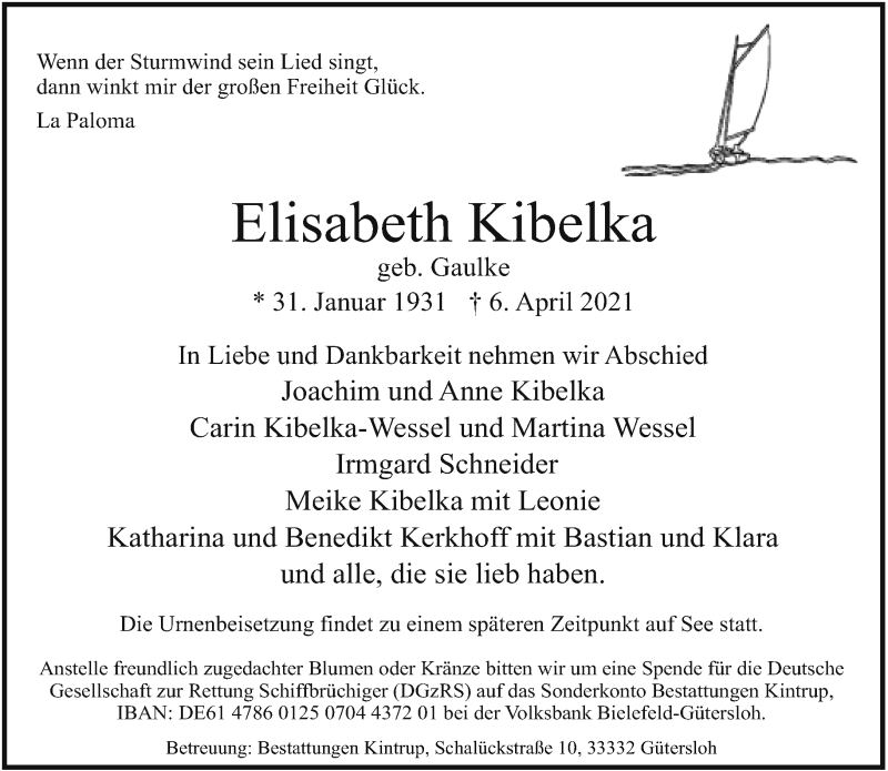 Traueranzeige für Elisabeth Kibelka vom 09.04.2021 aus Neue Westfälische