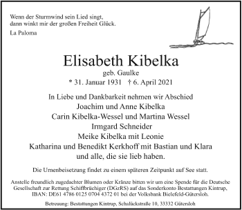 Traueranzeige von Elisabeth Kibelka von Neue Westfälische