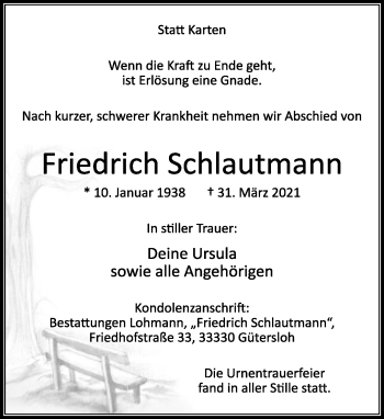 Traueranzeige von Friedrich Schlautmann von Neue Westfälische