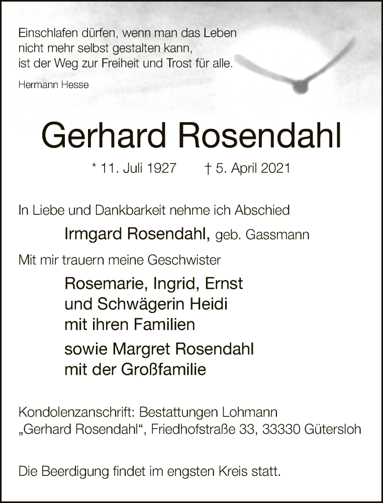  Traueranzeige für Gerhard Rosendahl vom 10.04.2021 aus Neue Westfälische
