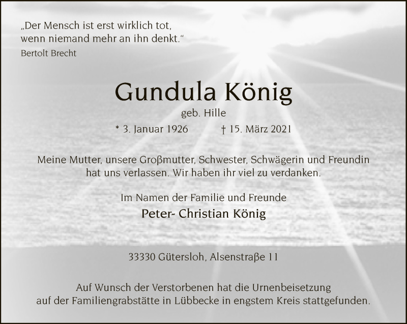  Traueranzeige für Gundula König vom 02.04.2021 aus Neue Westfälische
