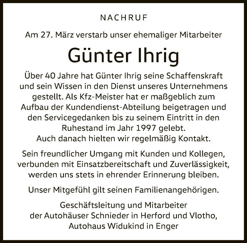  Traueranzeige für Günter Ihrig vom 10.04.2021 aus Neue Westfälische