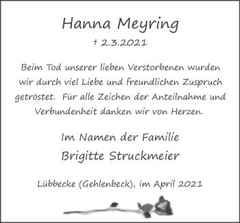 Traueranzeige von Hanna Meyring von Neue Westfälische