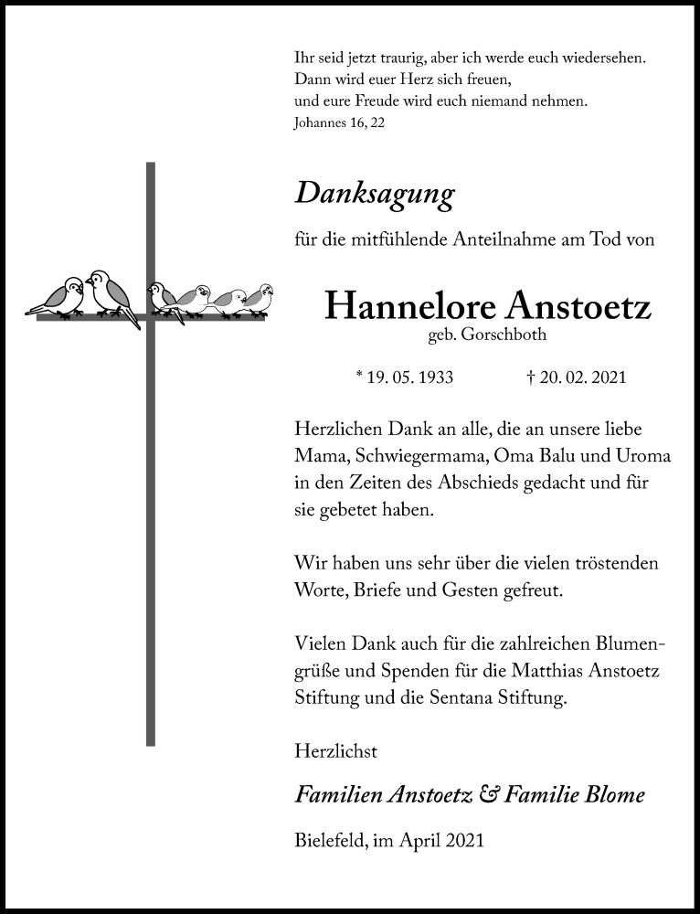  Traueranzeige für Hannelore Anstoetz vom 02.04.2021 aus Neue Westfälische