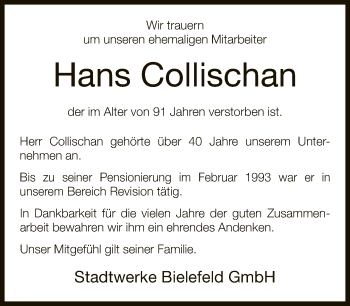 Traueranzeige von Hans Collischan von Neue Westfälische