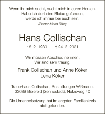 Traueranzeige von Hans Collischan von Neue Westfälische