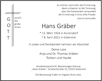 Traueranzeige von Hans Gräber von Neue Westfälische