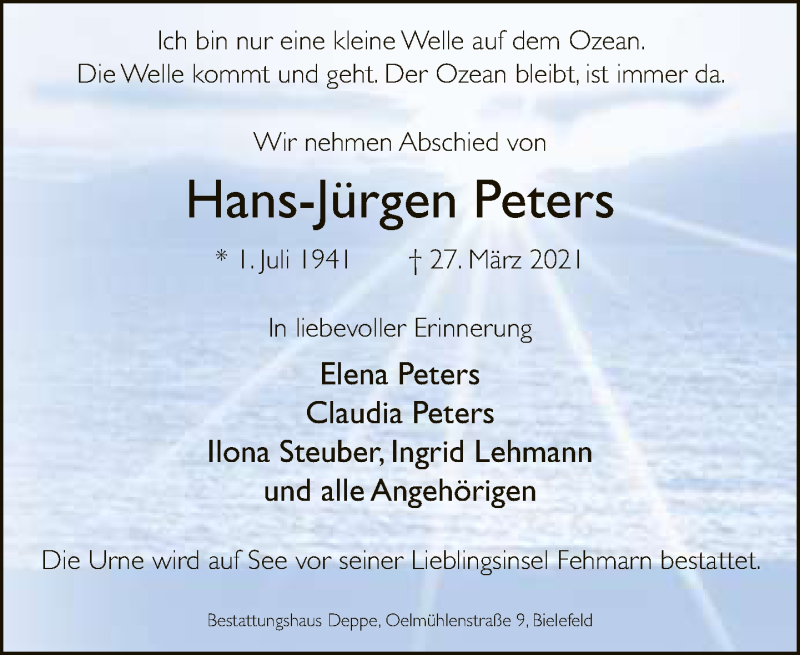  Traueranzeige für Hans-Jürgen Peters vom 10.04.2021 aus Neue Westfälische