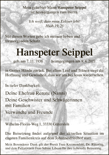 Traueranzeige von Hanspeter Seippel von Neue Westfälische