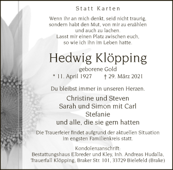 Traueranzeige von Hedwig Klöpping von Neue Westfälische