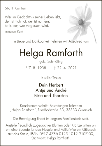 Traueranzeige von Helga Ramforth von Neue Westfälische
